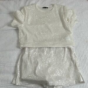 White Sequin Skort Set